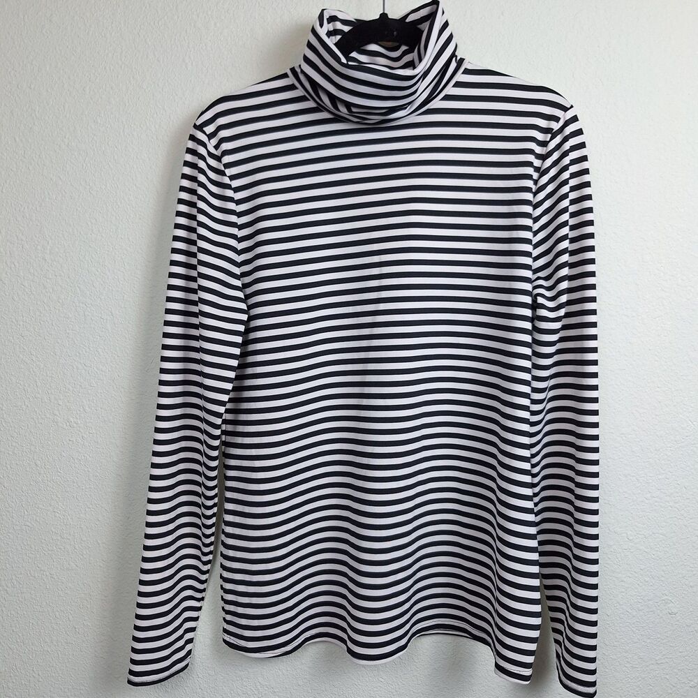 GO Striped Turtleneck Top L Black WHite Layering Goth Mod Basic Smooth Coastal